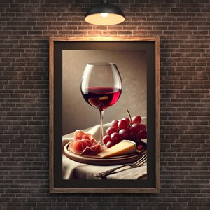 Wino i ser Wydruk | Uroczy, dziwaczny plakat | Dekoracja wózka baru winnego | Prezent z obrazem olejnym | Modny plakat na ścianę do kuchni