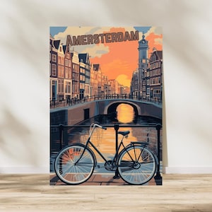 Affiche d'Amsterdam, oeuvre d'art murale péniches, paysage Pays-Bas, affiche du canal d'Amsterdam, impression de péniche. Art d'AMSTERDAM