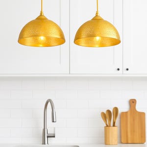 Set of 2 Handmade Perforated Brass Dome Pendant Lights – Moroccan Artisan Lighting for Kitchen or Dining Room