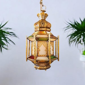 Moroccan Brass Pendant Light – brass lamp / Handmade Ceiling Lantern / Table Lamp – Geometric Filigree Lamp – Stained Glass Lantern