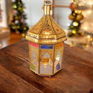 Moroccan Brass Pendant Light – brass lamp / Handmade Ceiling Lantern / Table Lamp – Geometric Filigree Lamp – Stained Glass Lantern