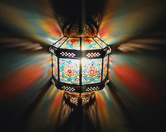Handmade Moroccan Brass Wall Sconce – Patina Finish, Hand-Painted Glass