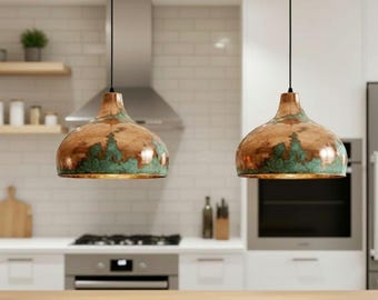 Handmade Copper Pendant Light | Moroccan Green Patina Hanging Lamp