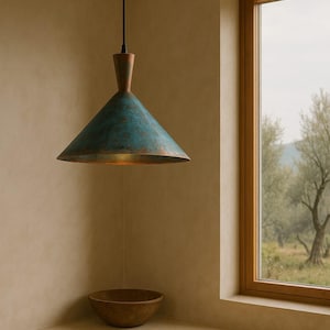 Conjunto de 2 – Luminárias pendentes artesanais em pátina verde marroquina – Luminárias rústicas em cone de cobre – Duo de iluminação de teto para cozinha estilo Boho