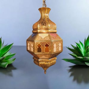 Moroccan Brass Pendant Light – brass lamp / Handmade Ceiling Lantern / Geometric Filigree Lamp – Stained Glass Lantern