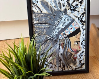 The happy Indian with headdress, original artwork, paint on artists paper, framed and ready to display on your home!