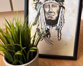 The thoughful Indian with headdress, original artwork, paint on artists paper, framed and ready to display in your home!