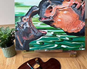 Original artwork, hippo with her baby