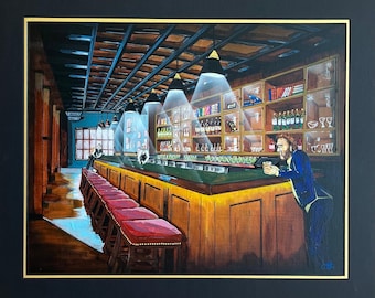 My place: framed acrylic on canvas board, painting of a man at the bar