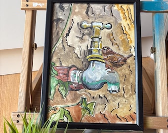 Original Bird Tap Painting, Framed Watercolor Artwork, Home Decor