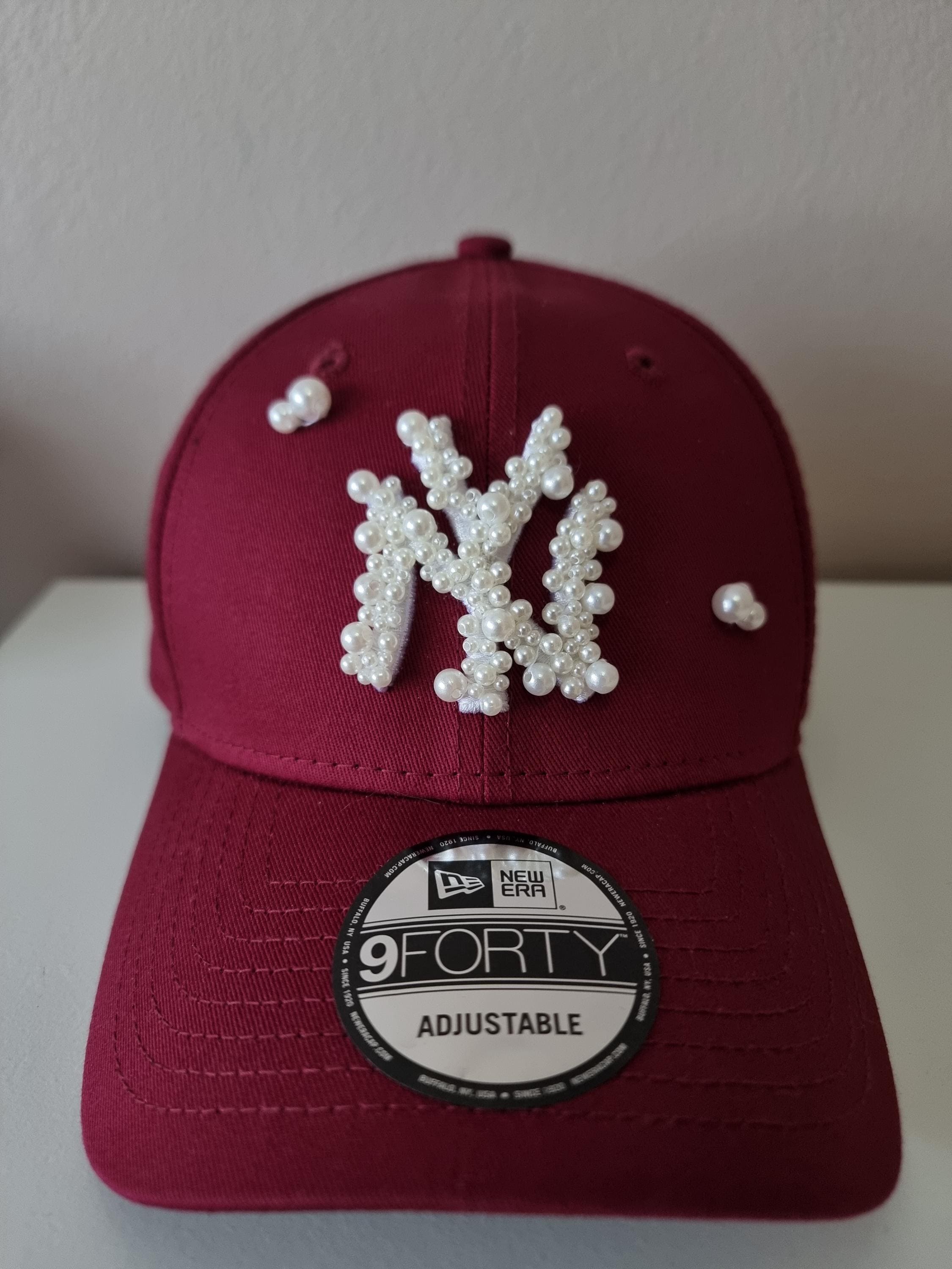 New Era Burgundy Pearl-Studded NY Cap Pearl Jeweled NY Logo Fitted Cap - Etsy UK main image 3