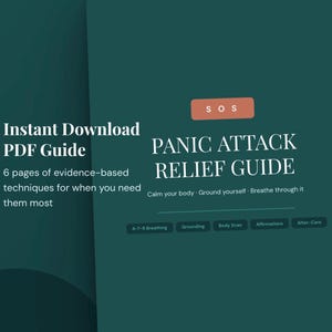 Puede incluir: Una guía PDF turquesa titulada "Guía de alivio de ataques de pánico" con el texto "SOS" en un cuadro naranja. La guía ofrece técnicas basadas en evidencia, incluyendo ejercicios de respiración.