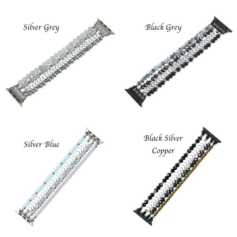 May include: Four Apple Watch straps in various colour combinations: silver and grey, black and grey, silver and blue, and black, silver, and copper. Each strap has multiple strands of beads and decorative metal accents. The text "Silver Grey", "Black Grey", "Silver Blue", and "Black Silver Copper" are displayed.