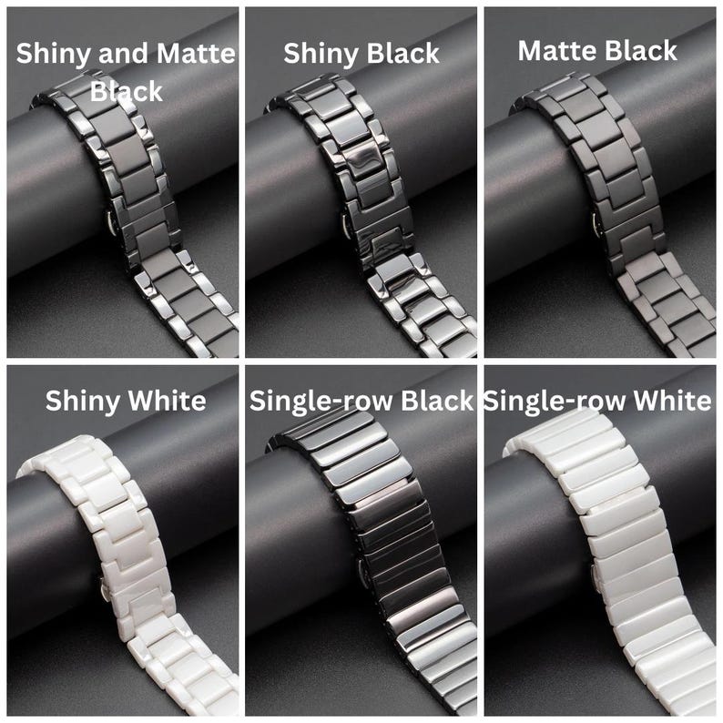 K&ouml;nnte beinhalten: Eine Auswahl an Armb&auml;ndern in verschiedenen Ausf&uuml;hrungen und Farben. Das Bild zeigt sechs verschiedene Armb&auml;nder, darunter gl&auml;nzendes und mattes Schwarz, gl&auml;nzendes Schwarz, mattes Schwarz, gl&auml;nzendes Wei&szlig;, einreihiges Schwarz und einreihiges Wei&szlig;. Jedes Band ist aus Metall.