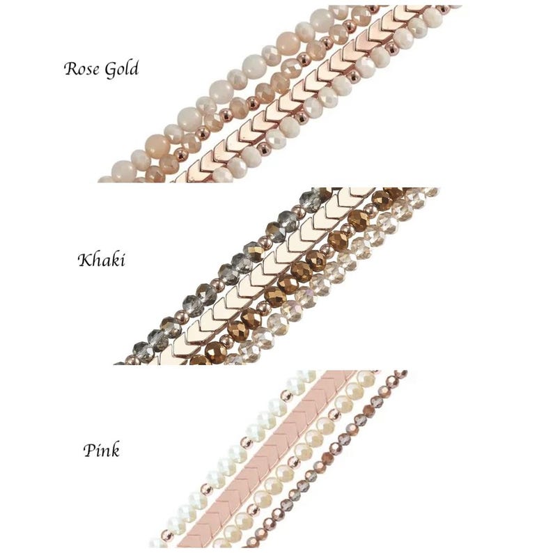 May include: Close-up of three multi-strand bracelets in rose gold, khaki, and pink. Each bracelet features a combination of beads and chevron-shaped accents. The text "Rose Gold", "Khaki", and "Pink" are visible.