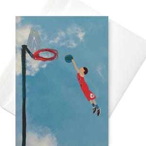 Karta z życzeniami Basketball Dreams – Chłopiec skaczący do obręczy, żywe niebo, nostalgiczna sztuka sportowa, inspirująca karta dla dzieci i fanów koszykówki