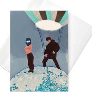 Tarjeta de felicitación retro con un paseo espacial sobre la luna. Tarjeta caprichosa con dos niños en la luna. Tarjeta de cumpleaños surrealista vintage de ciencia ficción, fantasía y aventura.