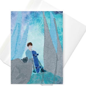 Tarjeta de felicitación para niño en patineta, escena de glaciar, tarjeta de aventura para niño, arte invernal caprichoso, tarjeta de cumpleaños única para patinador