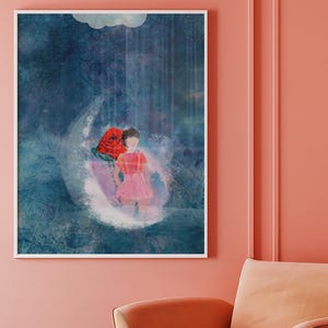 Poster Fille sur la lune, art mural céleste ciel de minuit, décoration de chambre cosmique, impression rêve au clair de lune, cadeau pour amoureux de la lune, art mural ciel étoilé