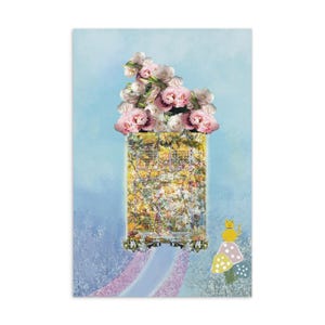 Grillig bloemenhuis Alice in Wonderland - dromerige geïllustreerde cottage-tuinscène betoverd bloemenhuis zachte pastel cottage-kunstprint