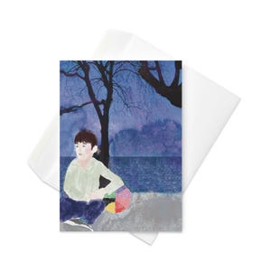 Carte d'anniversaire rétro des années 80 Twilight Enfance - Impression d'art nostalgique d'un enfant avec un ballon de basket dans une carte Stranger Things