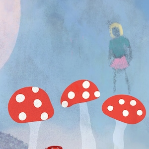 Whimsical Mushroom Postcard – Dreamy Surreal Art Print with Red Phone & Girl Illustration Fantasy Mushroom Postcard – Whimsical Dreamscape