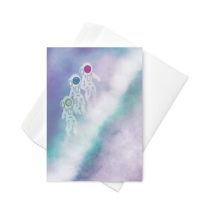 Tarjeta de felicitación de astronauta caminando sobre la luna. Ilustración espacial peculiar de astronauta. Tarjeta de ciencia ficción retro. Regalo del espacio exterior. Regalo de paisaje de sueños cósmicos.