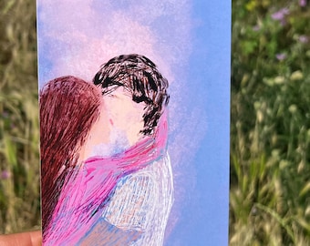 Romantic Pastel Art Postcard: First Love Couple Hugging