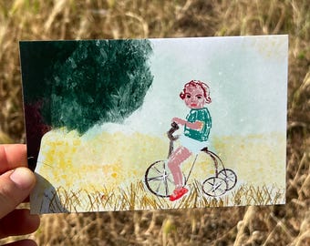 Postal vintage de un niño en triciclo: impresión artística retro