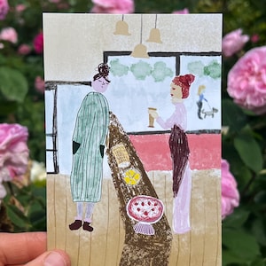 Carte postale vintage Coffee Shop - Illustration de café nostalgique - Carte esthétique confortable pour les amateurs de café - Scène artistique de café rétro de tous les jours, Boutique rustique