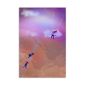 Skurrile Himmel Schaukel Postkarte - Mädchen Schaukeln in Den Wolken, Zwei Jungen Klettern Verträumte Pastell A6 Kunstdruck Wunderlicher Spielplatz