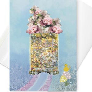 Biglietto d'auguri con casetta floreale e cottage da sogno, ispirato ad Alice nel paese delle meraviglie, regalo per una nuova casa o per l'inaugurazione della casa, biglietto d'auguri con cottage da favola