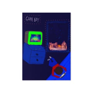 Biglietto d'auguri per giocatori retrò - Illustrazione per camera da letto in stile anni '90 - Ragazzo che gioca a Game Boy con TV luminosa - Biglietto per giocatori per fratello