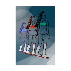 Cartolina con ragazza skater retrò al neon = stampa artistica in stile anni '80, carta estetica Vapourwave, regalo con pattinatrice a rotelle, carta da lettere pop art colorata