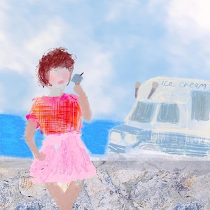 Pastel Nostalgic Postcard – Girl Eating Ice Cream by the Sea | Dreamy Retro Aesthetic | Ice Cream Van Illustration | Summer Art Print