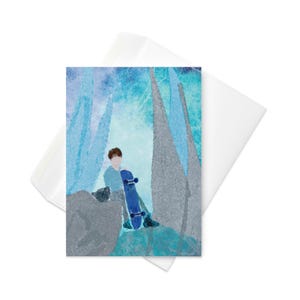 Cartão de felicitações infantil de skate, cena de geleira, cartão de aventura infantil legal, arte de inverno excêntrica, cartão de aniversário exclusivo para skatista