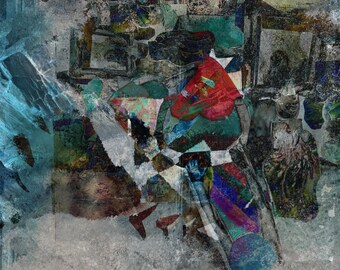 May include: Abstract digital art with a textured, layered appearance. The artwork features a mix of colors, including red, blue, green, and white, with geometric shapes and figures. The overall style is reminiscent of collage.