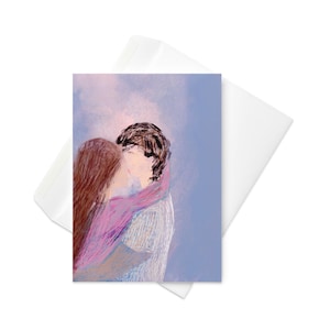 Biglietto d'auguri con amore pastello - Ragazza scarabocchiata che abbraccia un ragazzo - Biglietto con illustrazione romantica - Biglietto di coppia carina - Regalo di anniversario per lei