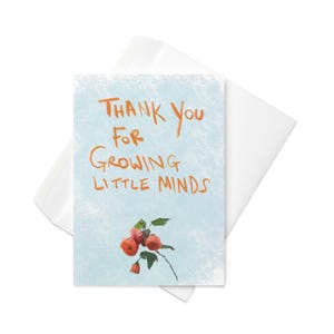 "Dankeschön-Karte für Lehrer - Kindliche Handschrift - Blumenillustrationen - ""Danke für den Anbau kleiner Geister"" - Geschenk für Betreuer am Ende des Schuljahres."