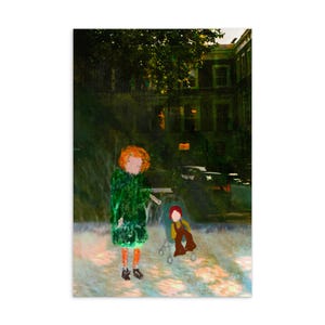 Carte postale de style vintage - femme avec bébé dans la poussette = impression d'art techniques mixtes avec arbres, coucher de soleil et nostalgie