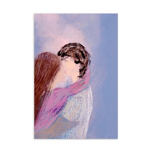 Postal del Primer Amor: Pareja romántica abrazándose con arte pastel. Bonita tarjeta de amor para novios, novias, aniversarios o San Valentín.