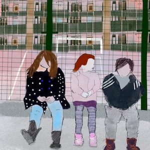 Cartão postal da infância urbana, campo de futebol da propriedade londrina, cena de rua urbana nostálgica, ilustração infantil legal no playground, arte infantil