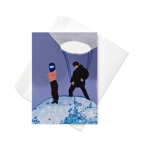 Cartão de aniversário infantil extravagante, arte retrô, caminhada espacial na lua, dois meninos na lua, surrealista, vintage, ficção científica, fantasia, aventura