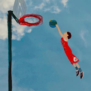Cartão-postal de menino pulando na cesta de basquete – Dreamy Sky Art | Mini impressão Reach for the Stars | Ilustração nostálgica para presentear