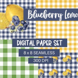 Lemon Blueberry Gingham 8x8 300 DPI Watercolor Seamless Digital Paper Pack Bundle Co-ordinated Color Blue Yellow Gray Green FREE Bonus PSD