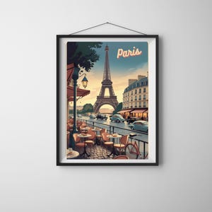 Vintage Paris Reiseplakat - 1950er Jahre Retro Wandkunst, Eiffelturm & Café-Szene, französisches Mid-Century-Dekor, Pariser Ästhetik