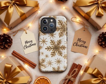Golden Snowflake Cute Holiday Phone Case Christmas Winter X-Mas Gift Cover iPhone 17 16 15 14 13 12 Pro Max Samsung S26 S25 S24 S23 S22 S21
