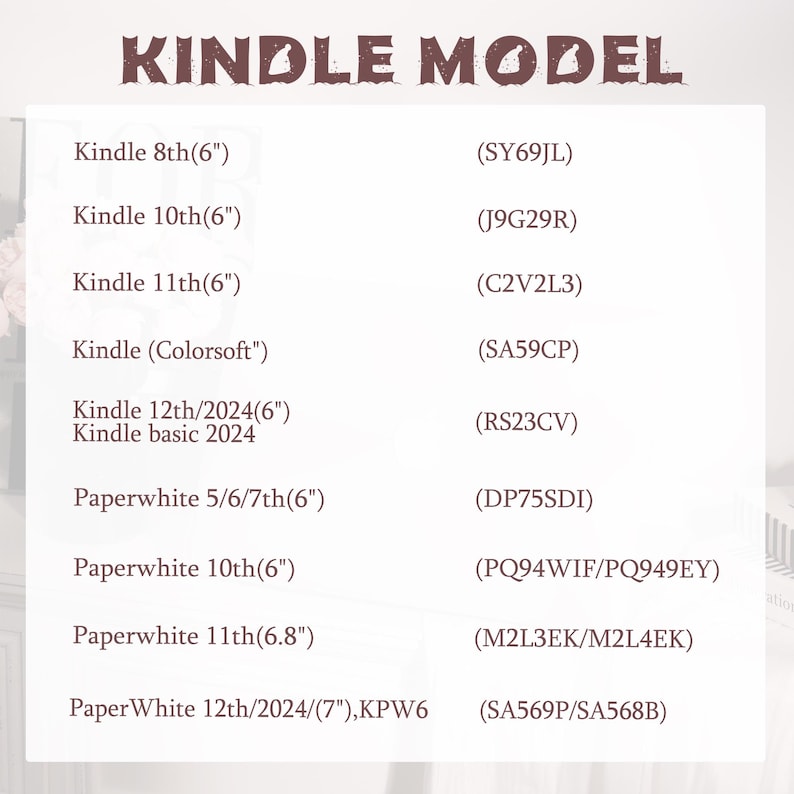 May include: A white graphic with the text "KINDLE MODEL" at the top. Below, a list of Kindle models with their sizes in inches and model numbers is displayed, including Kindle 8th, 10th, 11th, and Paperwhite models.