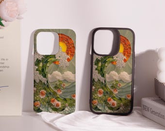 May include: Two phone cases with a colorful, artistic design. The cases feature a wave-like pattern with a setting sun, flowers, and a mountain landscape. One case has a green background, and the other has a black border.