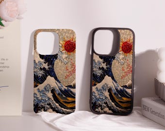 Great Wave Off Kanagawa Stained Glass Pattern Phone Case for iPhone 15/16,iPhone 11/12/13/14/Pro/Pro Max,Personalized Hard Soft iPhone Case